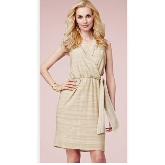 Exclusively Misook Sandstone Tan Stripe Knit Faux Wrap Sleeveless Dress  Large - Picture 10 of 10